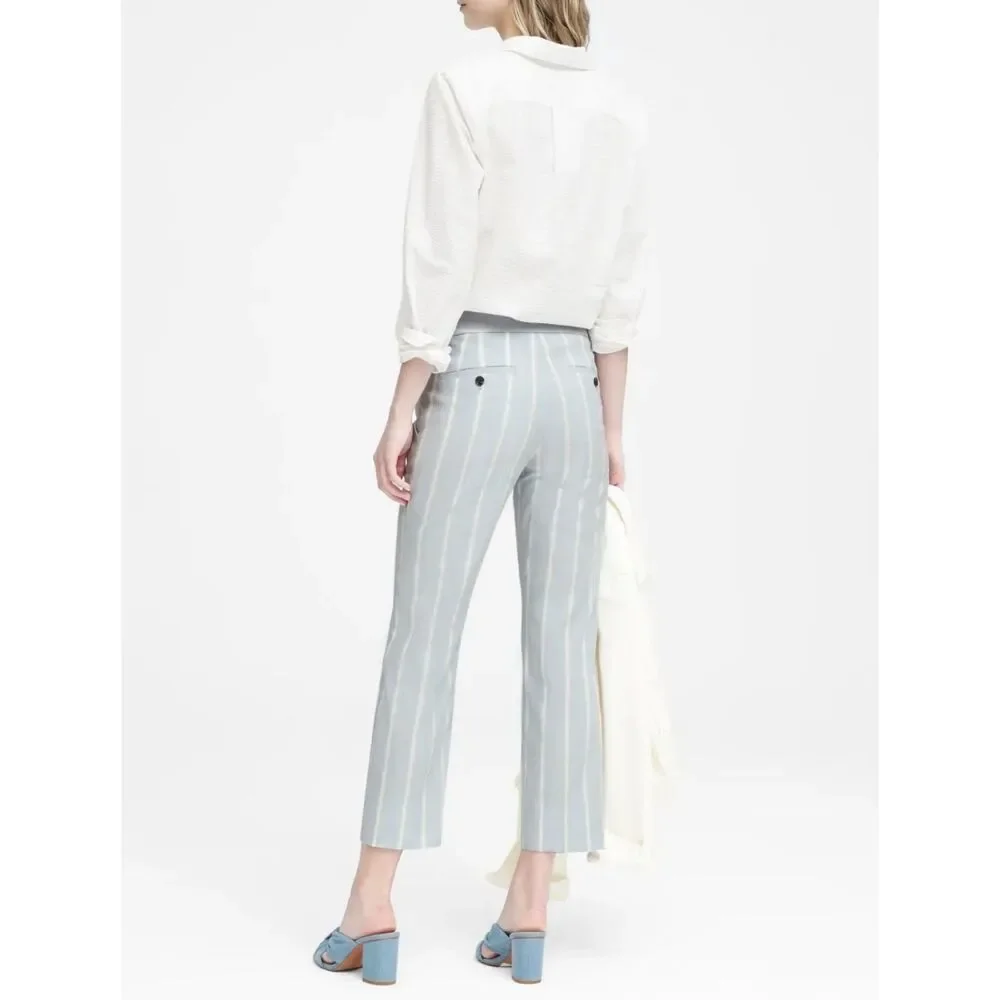 BANANA REPUBLIC Avery Linen Blend Blue/White Stripe Ankle Pant, Sz 6